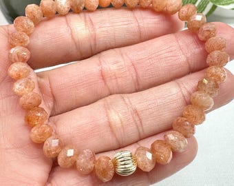 Faceted Sunstone Bracelet, 6mm Gemstone Beaded Jewelry