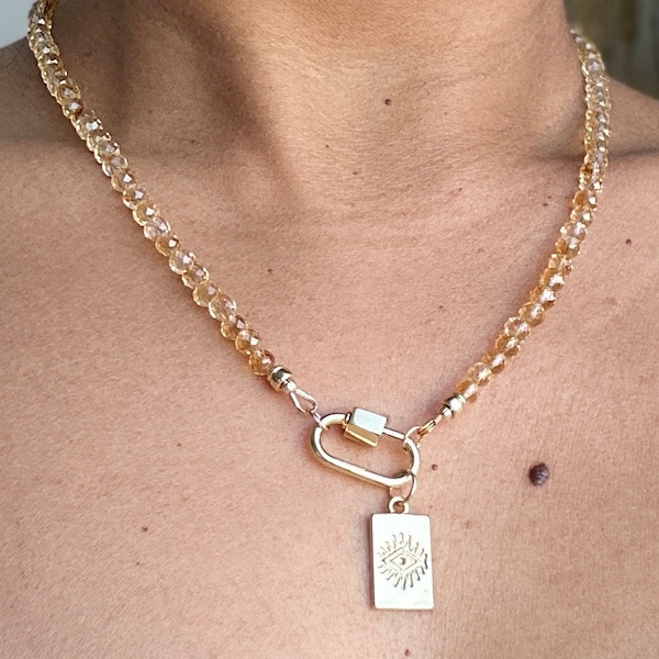 Collier citrine micro-facettes / collier de perles fines citrine AAA / collier mousqueton citrine / collier mauvais œil / cadeaux / cadeau pour elle