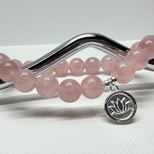 AAA Madagascar Pink Rose Quartz Bracelet, Sterling Silver Lotus Charms Bracelet, Heart Chakra Gemstone, Love Bracelet, Pink Beaded Bracelet