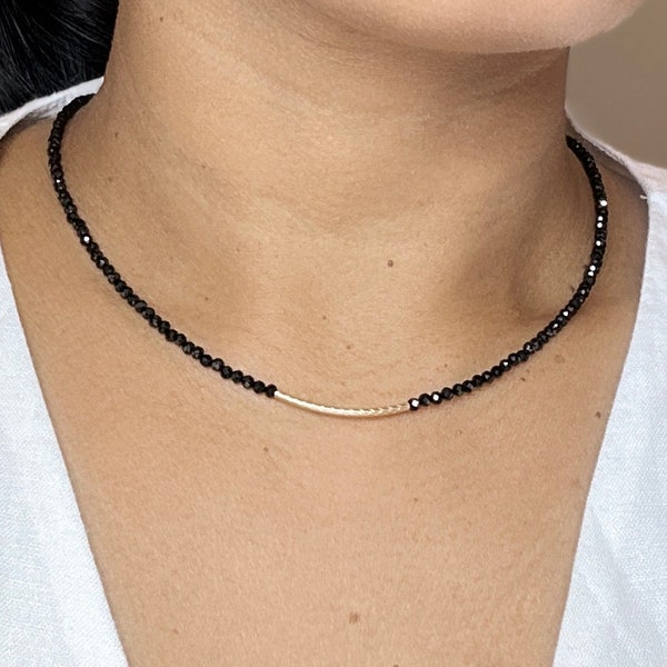 Black Spinel Necklace. 2.5mm Micro-faceted Black Spinel. August birthstone. Dainty Jewelry. Black Beaded Gemstone. Tiny Sparkly Necklace.