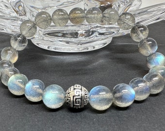 Flashy Labradorite Bracelet with Silver Tibetan Bead (8mm)