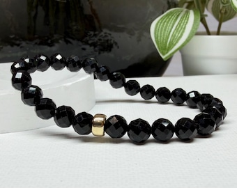 Faceted Black Tourmaline Bracelet, 6mm Gemstone, Protection, Grounding, Handmade Jewelry