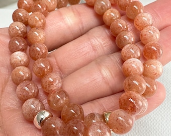 Handmade 7mm Sunstone Bracelet, Orange Gemstone Stacking Bracelet