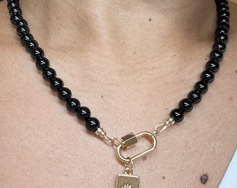 Black Tourmaline Necklace, 14k Gold Filled Evil Eye Carabiner, 6mm Bead