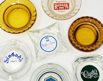 Vintage hotel restaurant glass ashtrays Clyde's DelWebb Ramada Inn Baltimore Hagerstown Maryland history