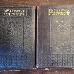 1913 antique book Masters of Achievement Vol. I and Vol. II  Hardcover Leather Literature Philosophy Science Henry W Ruoff Fully Illustrated