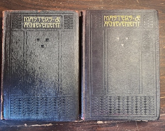 1913 antique book Masters of Achievement Vol. I and Vol. II  Hardcover Leather Literature Philosophy Science Henry W Ruoff Fully Illustrated