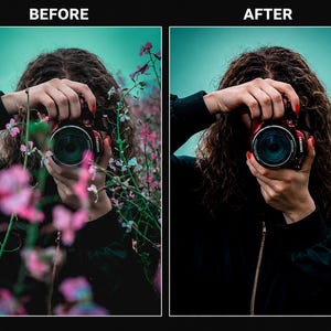 Könnte beinhalten: Ein geteilter Bildschirmvergleich, der einen Vorher-Nachher-Effekt der Fotobearbeitung zeigt. Das Bild zeigt eine Kamera, die vor ein Gesicht gehalten wird, wobei die linke Seite Blumen im Vordergrund und die rechte Seite das Motiv ohne Blumen zeigt.