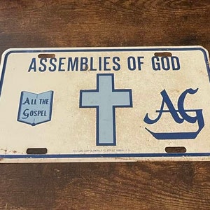 Assemblies of God Booster License Plate All The Gospel Church Rugged Cross AG Steel