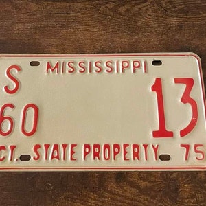 Vintage 1975 Mississippi State Property License Plate S60 13 Embossed Steel Lucky Number 13