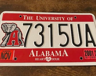 2001 University of Alabama Specialty License Plate 7315UA Roll Tide Crimson Tide Heart of Dixie Tuscaloosa AL