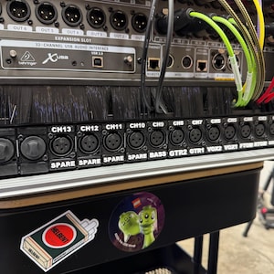 Puede incluir: Una interfaz de audio negra con múltiples puertos de entrada y salida, etiquetados con números de canal y nombres de fuente de audio. Varios cables de colores están conectados. Una pegatina con una imagen de dibujos animados es visible.