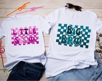 Retro Blue Pink Neutral Matching Sibling Little Big Brother Sister PNG Bundle 4 Shirt Graphic Design Baby Announcement Sublimation DTF DTG
