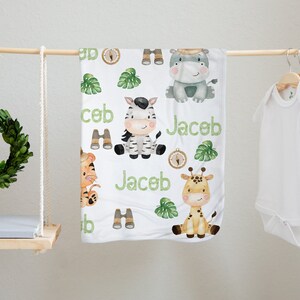 Safari Animals Baby & Toddler Blanket, Jungle Animal Babies, Safari Theme Nursery Personalize Newborn Name Blanket