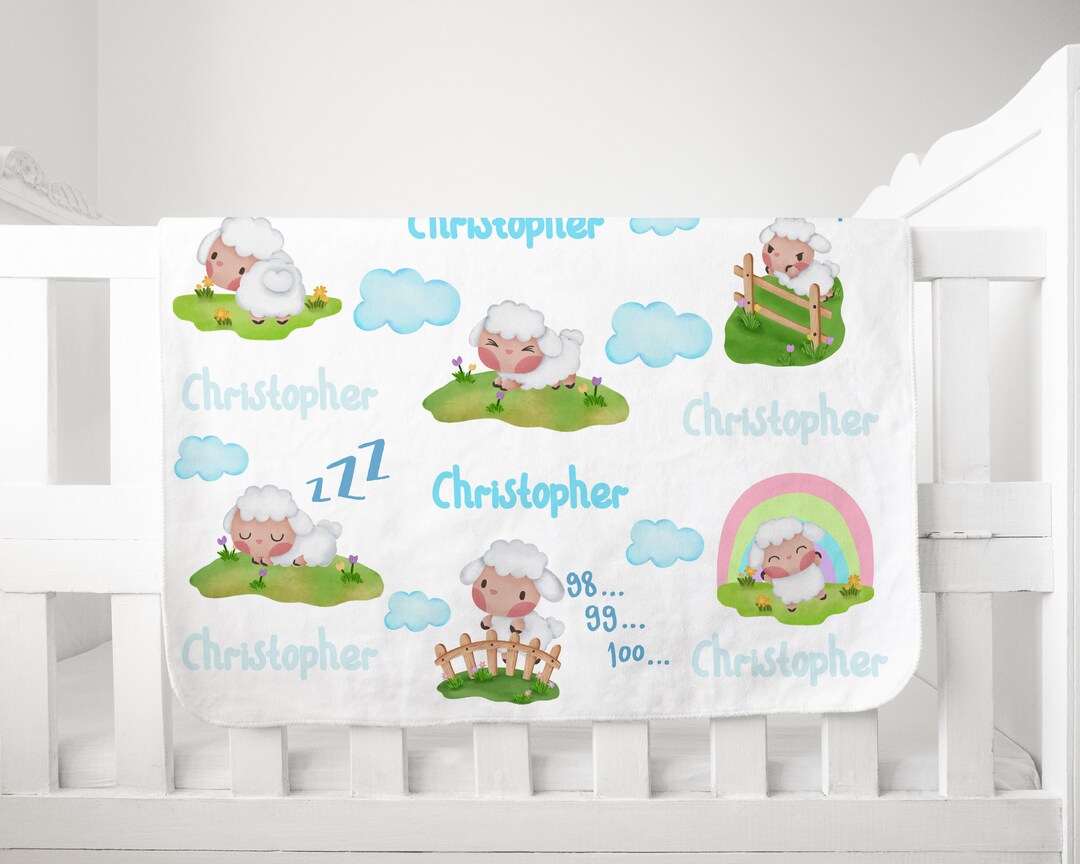 Counting Sheep Nursery Rhyme Blanket, Custom Name Blanket, Baby Shower