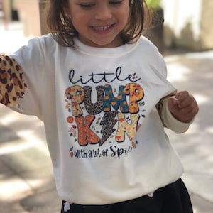 May include: A white long-sleeved sweatshirt with a colorful graphic that says "little pumpkin with a lot of spice". The sweatshirt has a brown and black leopard print on the sleeves.