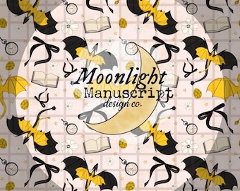 May include: A repeating pattern featuring yellow and black dragons, black bows, pocket watches, open books, white flowers, and gold eggs on a light pink background. The text "Moonlight Manuscript design co." is centered on a crescent moon.