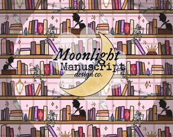 May include: A repeating pattern featuring a bookshelf design with various books, decorative elements, and the text "Moonlight Manuscript design co." The design includes a crescent moon, owls, and small bats, with a soft pink background.