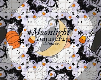 Modello senza cuciture spettrale di Halloween disegnato a mano PNG con sublimazione su carta digitale, simpatici pipistrelli fantasma femminili