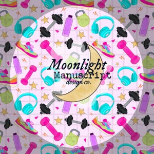 May include: A repeating pattern featuring fitness-related illustrations. The design includes pink dumbbells, teal headphones, sneakers, water bottles, and 10 lb weights, along with gold stars and lightning bolts. The text "Moonlight Manuscript design co." is also present.