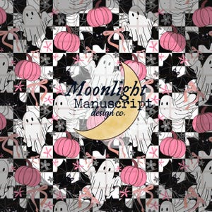 Checker Pink Pumpkin Ghost Spooky Halloween Hand Drawn Seamless Pattern PNG Sublimation Digital Paper Cute Coquette