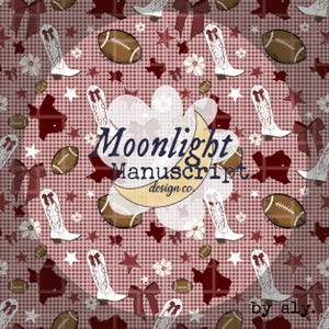 May include: A repeating pattern featuring white cowboy boots, footballs, Texas state outlines, bows, stars, and flowers on a red and white checkered background. The text "Moonlight Manuscript design co." is visible in the center.