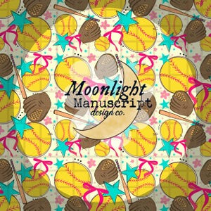 Girly Softball Cute Sports Seamless Pattern Hand Drawn PNG Digital Download Sublimation Paper Softball Baseball