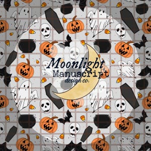 May include: A Halloween pattern with pumpkins, ghosts, skulls, bats, cauldrons, and candy corn on a grey grid. A crescent moon and the text "Moonlight Manuscript design co." are also included.