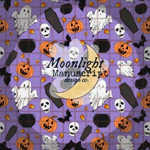 May include: A Halloween pattern with pumpkins, ghosts, skulls, bats, cauldrons, coffins, and candy corn on a purple grid. The text "Moonlight Manuscript design co." is visible.