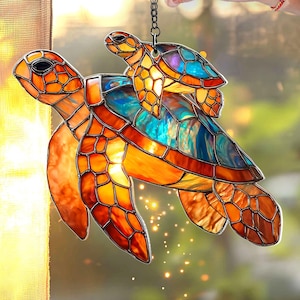 Ocean Turtle Mom and Baby Acrylic Window Hanging, Tortoise Mom Window Hanging Suncatcher, Coastal Marine Decor, Gift for Sea Life Lovers