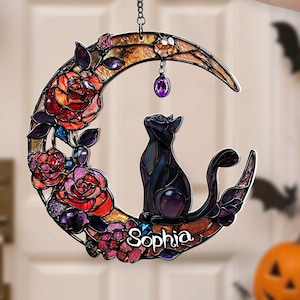 2D Flat Black Cat with Moon Acrylic Window Hanging, Halloween Black Cat Suncatcher, Fall Halloween Gifts, Gothic Gift, Cat Lover Decor