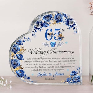 Personalized 65th Anniversary Heart Acrylic Plaque, Blue Sapphire Wedding Anniversary Gifts, 65th Anniversary Gift For Parents