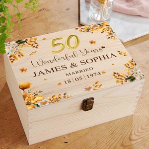Aangepaste 50e huwelijksverjaardag aandenkendoos cadeau voor ouders, 50 jaar jubileumcadeau, gouden huwelijksverjaardag houten kist decoratie