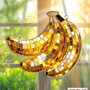 Banana Disco Ball Suncatcher, Acrylic Banana Window Hanging, Stained Glass Style Fruit Decor for Summer, Cool Birthday Gift for Her