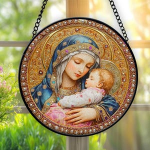 Virgin Mary And Baby Jesus Faux Stained Glass Suncatcher, Religious Decor For Christian, Jesus Christ Gift, Christian Window Decor