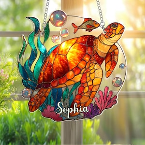 Custom Name Sea Turtle Acrylic Window Hanging, Ocean Animal Window Decor, Marine Life Decor, Turtle Lover Gift, Ocean Lover Gift