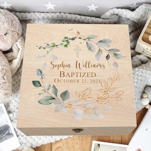 Benutzerdefinierte Taufe Geschenkbox, erste Kommunion Geschenk, personalisierte Baby Taufe Holzkiste, Taufe Erinnerungsbox, Taufgeschenk, religiöses Geschenk