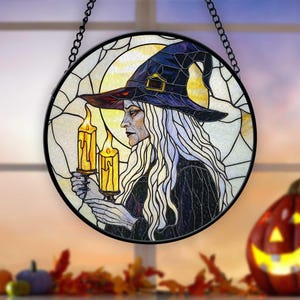Alte Hexe Halloween Sonnenfänger, Hexe Fensterbehang, OldWitch Wandbehang Dekor, Halloween Gruselige Glaskunst, Hexe Wohnkultur