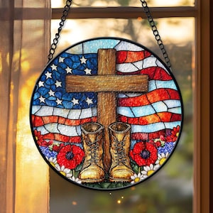 Patriotic Boots Suncatcher USA Flag Memorial Day Window Hanging, Christian Soldier Decor, 4th of July Independence Day Gift Glass Suncatcher