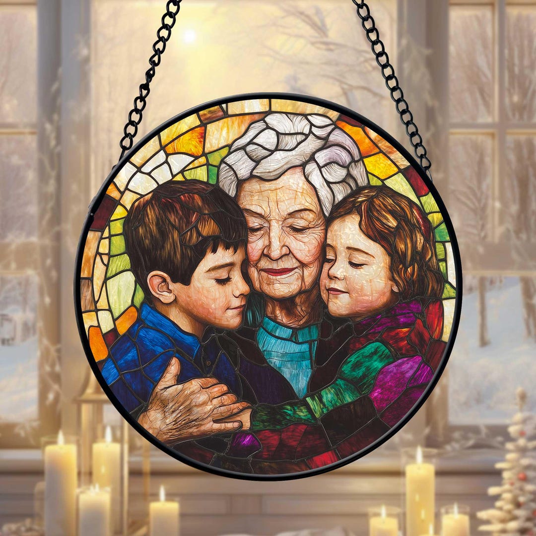 Personalized Stained Glass Family Portrait Suncatcher - Custom Grandma & Grandkids Photo Ornament With Birth Flowers