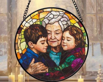 Personalized Grandma - Grandkids Portrait Faux Stained Glass, Grandma Portrait From Photo Window Hanging, Christmas Gift For Grandma