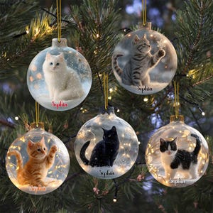 Xmas 2D Flat Cat Lover Christmas Acrylic Ornament – Personalized Printed Faux Glass Ball with Cat Inside, Snow Scene Cat Holiday Decor