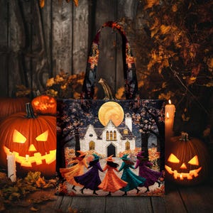 Personalized Beautiful Witch Quilted Tote Bag, Custom Name Spooky Halloween Bags, Trick Or Treat Halloween Bags, Witchy Gothic Bags