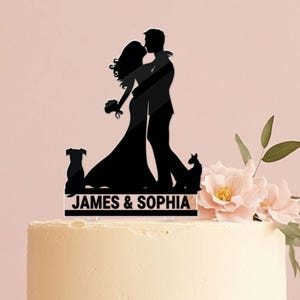 Custom Couple and Pet Cake Topper, Dog Lover Wedding Cake Decoration, Personalized Bride Groom Silhouette with Pet