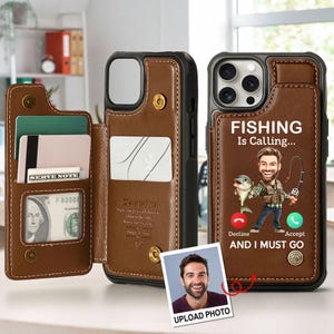 Funda de cuero tipo cartera con foto personalizada "La pesca me llama... y debo ir", regalo para el Día del Padre, funda para pescador