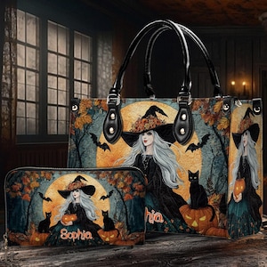 Personalized Beautiful Witch Art Print Handbag With Handle, Custom Spooky Halloween Bags, Trick Or Treat Halloween Bags, Witchy Gothic Bags