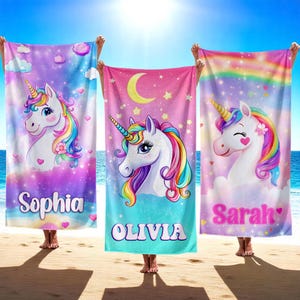 Custom Name Unicorn Beach Towel, Personalized Unicorn Party Favors, Pool Bach Trip Towel, Unicorn Birthday Gift For Kids, Vacation Gift