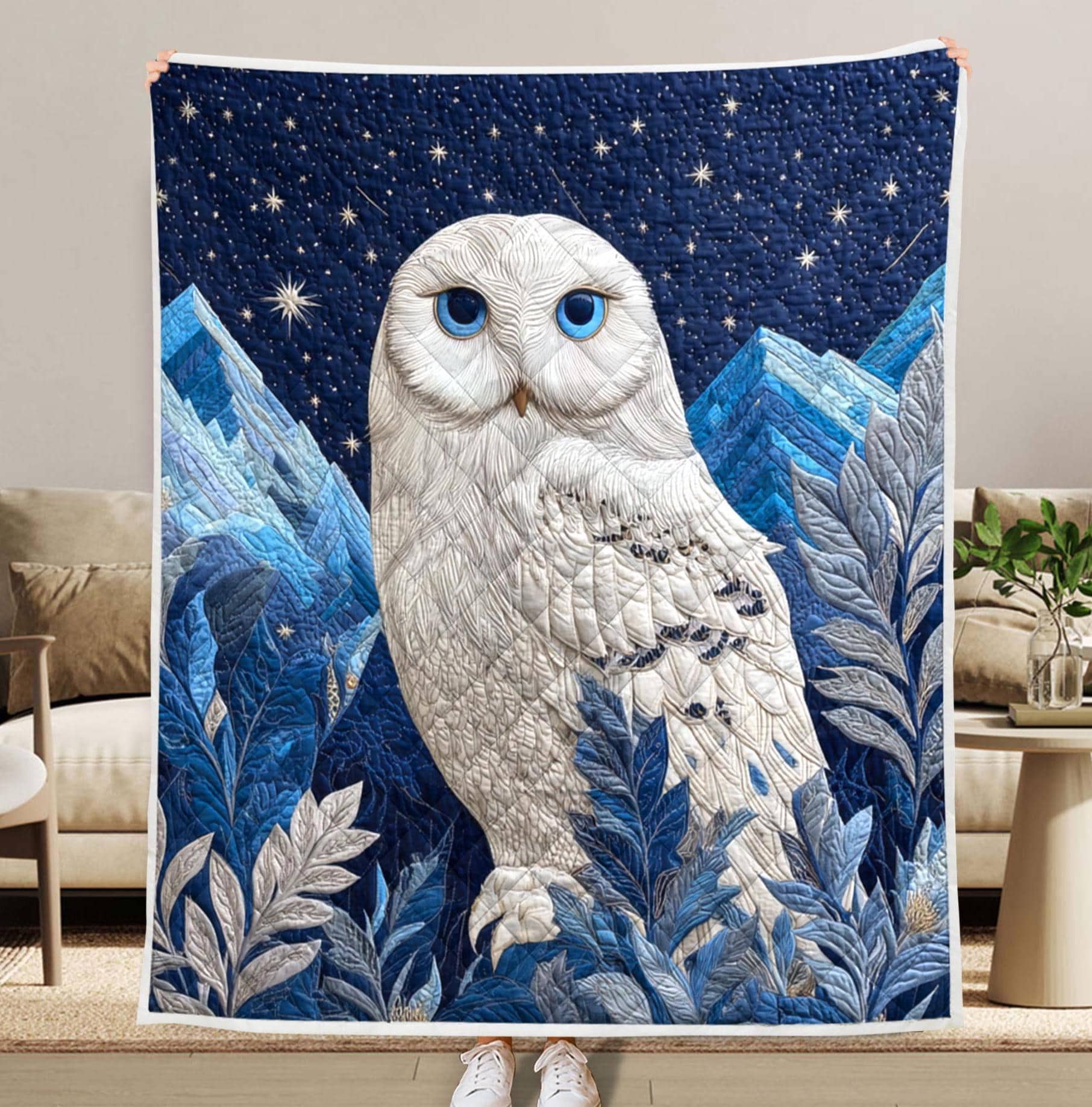 Winter Owl Lover Gift Quilt Blanket, Quilted Snowy Owl Bedspread, Starry Night Mountain Quilt Throw 