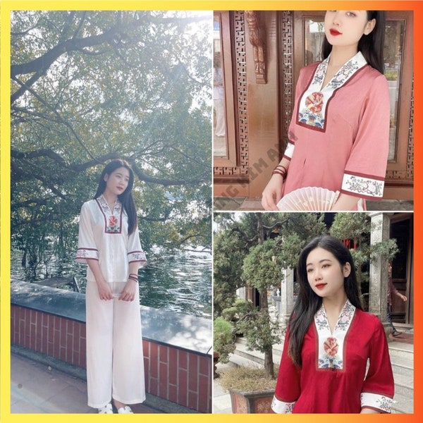 Pre-made - Ao Dai Viet Nam - Bộ lụa áo bà ba lễ phục đi chùa - set đồ lam pháp phục phật tử nữ thiết kế viền họa tiết- Women's traditional
