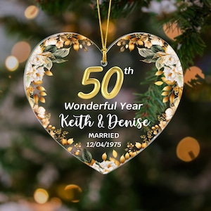 Benutzerdefinierte 50. Hochzeitstag Ornament, Verheiratet seit 1975 Herz Geschenk, Goldene Jahr Paar Andenken, Acryl Ornament für Eltern